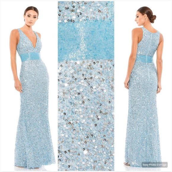 Mac Duggal 4930Womens Blue Sequin V Neck Sleeveless Column Gown Dress